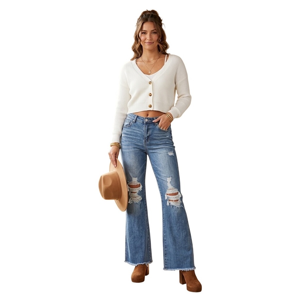 Risen Jeans High Rise Wide Leg Distressed Raw Hem Denim Size 5/27 Y2K Western